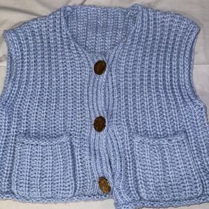 Women's Chunky Knit Sweater Vest – Light Blue Big Button Crewneck, Size Large